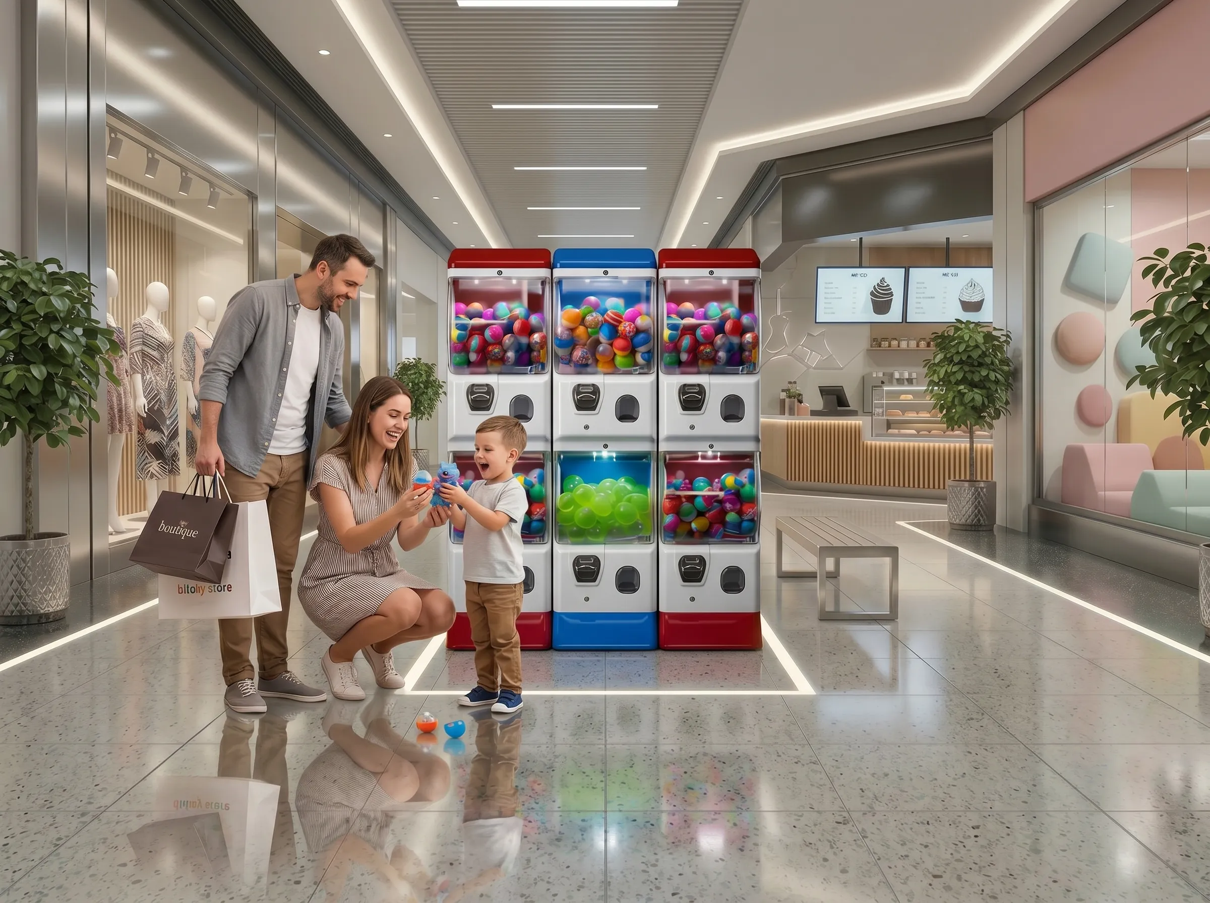 Familia disfrutando de máquina expendedora de juguetes XCI en centro comercial
